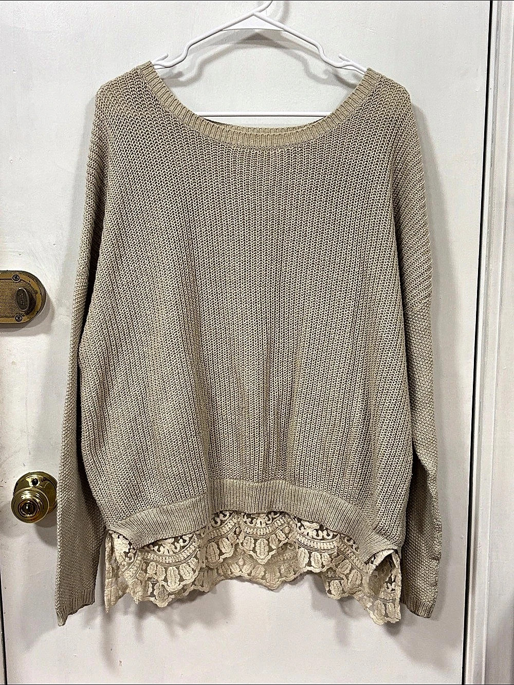 Pins and Needles Lace Hem Crewneck Sweater Beige Medium